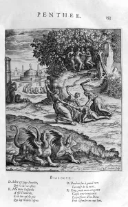 Pentheus, king of Thebes resisting Dionysus, 1615 (engraving) Pentheus, king of Thebes resisting Dionysus, 1615 (engraving)