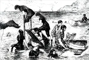 People diving into the sea from a diving board People diving into the sea from a diving board