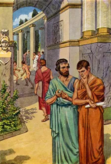 Plato instructing his pupils in the colonnades of Athens while youths cavort in the gymnasium (colour litho) Plato instructing his pupils in the colonnades of Athens while youths cavort in the gymnasium (colour litho)