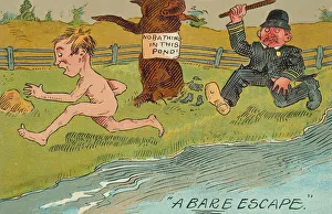 Policeman chasing off a naked man for swimming in a pond (colour litho) Policeman chasing off a naked man for swimming in a pond (colour litho)