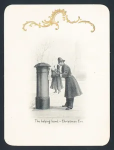 Policeman lifting girl at post box, Christmas Card (chromolitho) Policeman lifting girl at post box, Christmas Card (chromolitho)