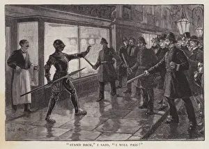 Policemen confronted by a man wearing a suit of medeval armour on a London street (litho) Policemen confronted by a man wearing a suit of medeval armour on a London street (litho)