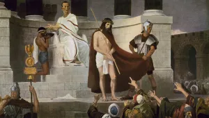 Pontius Pilate washing his hands after condemning Jesus to death (colour litho) Pontius Pilate washing his hands after condemning Jesus to death (colour litho)