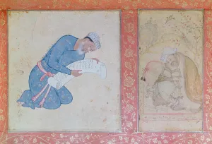 Portrait of Min Musavir giving a petition to Emperor Akbar (gouache on paper) Portrait of Min Musavir giving a petition to Emperor Akbar (gouache on paper)