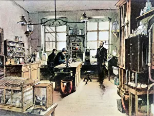 Portrait of Robert Koch in his laboratory (engraving, 19th century) Portrait of Robert Koch in his laboratory (engraving, 19th century)