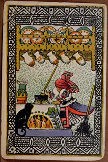Postcard depicting a Witch preparing a potion (colour engraving) Postcard depicting a Witch preparing a potion (colour engraving)