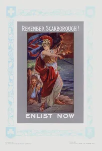 Postcard encouraging British men to enlist in the services after the German naval bombardment of Scarborough, Yorkshire Postcard encouraging British men to enlist in the services after the German naval bombardment of Scarborough, Yorkshire