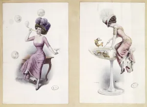 Postcards depicting a woman blowing bubbles & fishing in a Champagne Glass, c.1900 (colour litho) Postcards depicting a woman blowing bubbles & fishing in a Champagne Glass, c.1900 (colour litho)