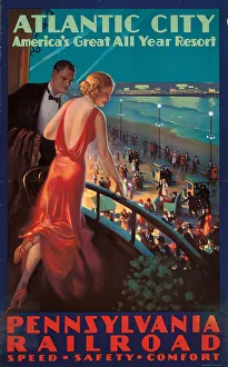 Poster advertising travel to Atlantic City by Pennsylvania Railroad Poster advertising travel to Atlantic City by Pennsylvania Railroad