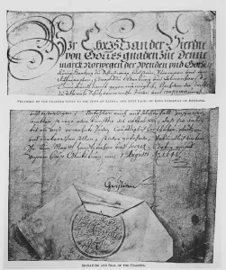 Preamble, signature and seal of the Charter given to the Jews of Altona by King Christian Preamble, signature and seal of the Charter given to the Jews of Altona by King Christian