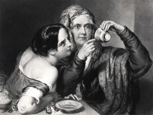 Predicting the future from reading coffee grounds, engraved by Charles William Sharpe Predicting the future from reading coffee grounds, engraved by Charles William Sharpe
