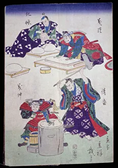 Preparing paper pulp, 19th century, Kabuki theatre ukiyo-e art print, woodcut Preparing paper pulp, 19th century, Kabuki theatre ukiyo-e art print, woodcut