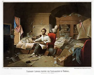 President Lincoln, writing the Proclamation of Freedom, January 1st, 1863, pub. 1864 (colour litho) President Lincoln, writing the Proclamation of Freedom, January 1st, 1863, pub. 1864 (colour litho)