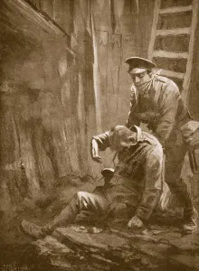 Private T. Doswell rescuing an officer from a mine in which he lay unconscious (litho) Private T. Doswell rescuing an officer from a mine in which he lay unconscious (litho)