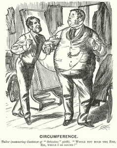 Punch cartoon: Circumference - fat man at a tailor's shop (engraving) Punch cartoon: Circumference - fat man at a tailor's shop (engraving)