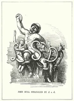 Punch cartoon: England strangled by taxation (engraving) Punch cartoon: England strangled by taxation (engraving)