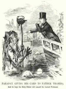 Punch cartoon: Faraday Giving His Card to Father Thames (engraving) Punch cartoon: Faraday Giving His Card to Father Thames (engraving)