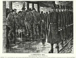 Punch cartoon: A Sympathetic Soul - policing the London slums (engraving) Punch cartoon: A Sympathetic Soul - policing the London slums (engraving)