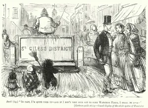 Punch cartoon: Victorian water cart on a London street (engraving) Punch cartoon: Victorian water cart on a London street (engraving)