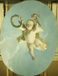 A Putti in Flight Holding a Wreath and a Torch, (oil on canvas) A Putti in Flight Holding a Wreath and a Torch, (oil on canvas)