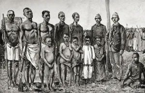 Pygmy natives as compared with English officers, Sudanese and Zanzibaris, 1890 (wood Pygmy natives as compared with English officers, Sudanese and Zanzibaris, 1890 (wood