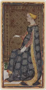 The Queen of Coins, facsimile of a tarot card from the Visconti deck The Queen of Coins, facsimile of a tarot card from the Visconti deck