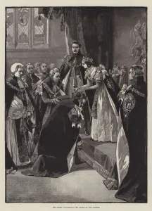 The Queen conferring the Order of the Garter (engraving) The Queen conferring the Order of the Garter (engraving)