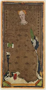 The Queen of Cups, facsimile of a tarot card from the Visconti deck The Queen of Cups, facsimile of a tarot card from the Visconti deck