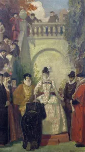 Queen Elizabeth I knighting Sir John Young on the steps of his property, The Great House Queen Elizabeth I knighting Sir John Young on the steps of his property, The Great House