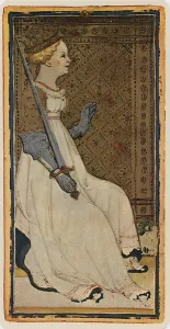 The Queen of Swords, facsimile of a tarot card from the Visconti deck The Queen of Swords, facsimile of a tarot card from the Visconti deck