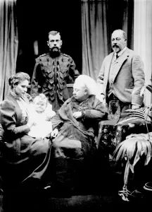 Queen Victoria, Tsar Nicholas II, Tsarina Alexandra Fyodorovna, her daughter Olga Nikolaevna Queen Victoria, Tsar Nicholas II, Tsarina Alexandra Fyodorovna, her daughter Olga Nikolaevna