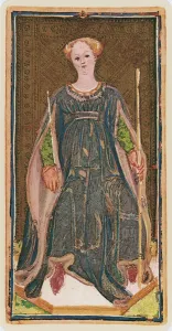 The Queen of Wands, facsimile of a tarot card from the Visconti deck The Queen of Wands, facsimile of a tarot card from the Visconti deck