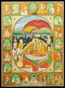 Rama and Sita Enthroned, worshipped by Shiva, Hanuman and others, 1800-20 (gouache) Rama and Sita Enthroned, worshipped by Shiva, Hanuman and others, 1800-20 (gouache)