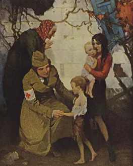 Red Cross Worker Ministering to Refugees (colour litho) Red Cross Worker Ministering to Refugees (colour litho)