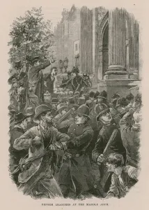 Reform League marchers at the Marble Arch, London (engraving) Reform League marchers at the Marble Arch, London (engraving)