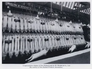 A representative display of New Zealand pork by W Weddel and Co, Ltd (b/w photo) A representative display of New Zealand pork by W Weddel and Co, Ltd (b/w photo)