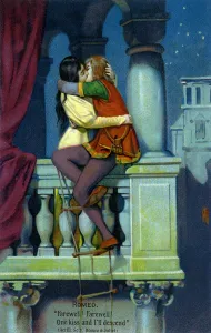 Romeo and Juliet Kissing Passionately on a Balcony, 1926 (colour litho) Romeo and Juliet Kissing Passionately on a Balcony, 1926 (colour litho)