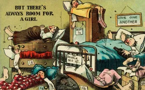 Room full of men sleeping in every space available (colour litho) Room full of men sleeping in every space available (colour litho)