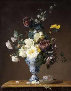 Roses and Other Flowers in a Blue and White Vase and a Teacup on a Ledge Roses and Other Flowers in a Blue and White Vase and a Teacup on a Ledge