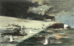 Russian outrage on the Hull fishing fleet, 22 October 1904 (colour litho) Russian outrage on the Hull fishing fleet, 22 October 1904 (colour litho)