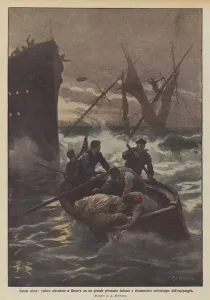 Sad Christmas, sailing ship sunk in Genoa by a large German steamer and dramatic crew rescue (colour litho) Sad Christmas, sailing ship sunk in Genoa by a large German steamer and dramatic crew rescue (colour litho)