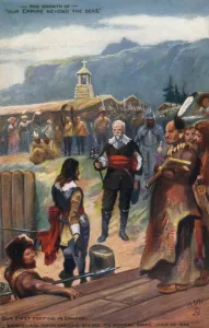 Samuel de Champlain surrendering Quebec to Admiral Kirke, 20 July 1629 (colour litho) Samuel de Champlain surrendering Quebec to Admiral Kirke, 20 July 1629 (colour litho)