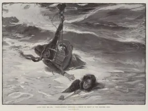 Saved from the Sea, Coastguardsman effecting a Rescue by Means of the Breeches Buoy (litho) Saved from the Sea, Coastguardsman effecting a Rescue by Means of the Breeches Buoy (litho)