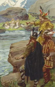 They saw on the margin of the lake, three maidens sitting and spinning flax (chromolitho) They saw on the margin of the lake, three maidens sitting and spinning flax (chromolitho)