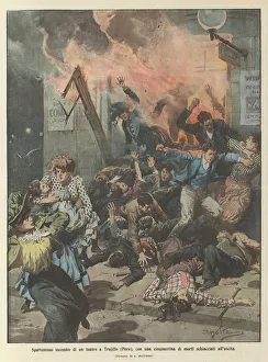 Scary fire of a theater in Trujillo (Peru), with about fifty deaths crushed at the exit (colour litho) Scary fire of a theater in Trujillo (Peru), with about fifty deaths crushed at the exit (colour litho)