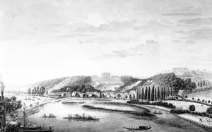 Prints of XJF477692 A View of Cliveden House taken from Maidenhead Bridge, c.1780 (engraving) by English School, (18th century); Private Collection; (add.info.: Cliveden House, Buckinghamshire) Buckinghamshire Prints: A View of Cliveden House from Maidenhead Bridge, 18th century Print