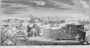 Prints of 3058235 View of the City of Valetta, Port of Malta, c.1736 (engraving) by French School, (18th century); Private Collection; (add.info.: Engraved by Philippe Nicolas Milcent); French, out of copyright Map Prints: Valetta Cityscape Print, 18th century engraving