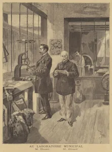 Scientists analysing anarchist bombs at the Paris Municipal Laboratory (litho) Scientists analysing anarchist bombs at the Paris Municipal Laboratory (litho)