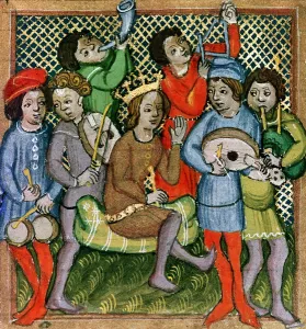 Seated crowned figure surrounded by musicians playing the lute, bagpipes, triangle Seated crowned figure surrounded by musicians playing the lute, bagpipes, triangle