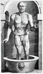 Print of Seneque dying in his bath, an engraving by C.Galle